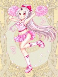 Rule 34 | 1girl, :d, araya hikaru, armpits, arms up, bare shoulders, bow, breasts, cheerleader, clothes writing, collarbone, confetti, crop top, dairoku ryouhei, eighth note, english text, full body, grey hair, hair bow, high ponytail, horns, long hair, looking at viewer, medium breasts, midriff, musical note, navel, official art, open mouth, panties, parted bangs, pink footwear, pink skirt, pleated skirt, pom pom (cheerleading), ponytail, red bow, red eyes, shikito (yawa0w0), shoes, single horn, skirt, smile, socks, solo, standing, standing on one leg, tank top, underwear, very long hair, white panties, white socks, white tank top