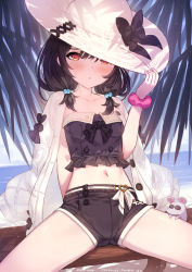 Rule 34 | 1girl, arm behind back, black bow, black hair, black shirt, black shorts, blush, bow, breasts, closed mouth, crop top, granblue fantasy, hair between eyes, hair bobbles, hair ornament, hand on headwear, hat, hat bow, highres, jacket, jacket on shoulders, long hair, looking at viewer, low twintails, midriff, mouse (animal), navel, red eyes, scrunchie, shirt, short shorts, short twintails, shorts, sitting, small breasts, solo, spread legs, strapless, strapless shirt, sun hat, twintails, vikala (granblue fantasy), white hat, white jacket, wrist scrunchie, yellowpaint.