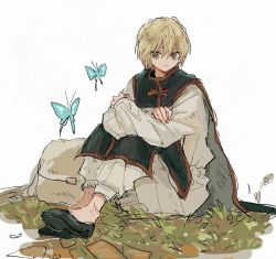 Rule 34 | 1boy, backpack, bag, blonde hair, blue butterfly, brown eyes, bug, butterfly, crossed arms, full body, highres, hunter x hunter, insect, kurapika, multicolored clothes, nococy, short hair, sitting, solo, white background
