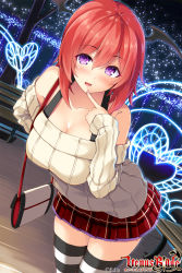 Rule 34 | 1girl, bare shoulders, blush, collarbone, cowboy shot, finger to mouth, head wings, highres, hisen kaede, leaning forward, looking at viewer, off-shoulder, off-shoulder sweater, off shoulder, official art, open mouth, pleated skirt, purple eyes, red hair, short hair, skirt, solo, striped clothes, striped thighhighs, sweater, thighhighs, venus blade, wings