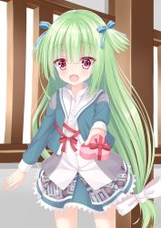 Rule 34 | 1girl, :d, absurdres, bad id, bad pixiv id, blue bow, blue jacket, blue ribbon, blunt bangs, blush, bow, box, collared shirt, commentary request, cowboy shot, eyes visible through hair, gift, gift box, green hair, hair bow, hair ribbon, hakuto momiji, heart-shaped box, highres, incoming gift, indoors, jacket, long hair, long sleeves, looking at viewer, low-tied long hair, murasame (senren), open clothes, open jacket, open mouth, outstretched arm, red eyes, red ribbon, ribbon, school uniform, senren banka, shirt, skirt, smile, solo, standing, two side up, valentine, very long hair, white bow, white shirt