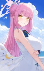 Rule 34 | 1girl, absurdres, blue archive, blue sky, blush, breasts, cloud, dress, feathered wings, hair bun, halo, highres, holding own arm, large breasts, long hair, looking at viewer, looking to the side, mika (blue archive), outdoors, pink hair, scrunchie, single side bun, sky, sleeveless, sleeveless dress, smile, solo, very long hair, weimiaw, white dress, white wings, wings, wrist scrunchie, yellow eyes