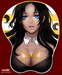 Rule 34 | 10s, 1girl, alex benedetto, black hair, breast mousepad, breasts, cleavage, dark skin, dark-skinned female, detached collar, gangsta, large breasts, lips, mousepad, mousepad (medium), parted lips, ravaniz, red eyes, solo, striped, striped background, upper body
