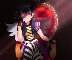 Rule 34 | 1girl, absurdres, artist name, artist request, asymmetrical wings, band uniform, belt, black gloves, black hat, black legwear, black shirt, black skirt, black wings, blue hair, blush, breasts, chair, collared shirt, crossed legs, epaulettes, female focus, fingerless gloves, frilled sleeves, frills, gloves, hair bun, hat, highres, in the unstabe world, in the unstabe world (love live!), long hair, looking at viewer, love live!, love live! school idol festival, love live! sunshine!!, mini hat, miniskirt, mismatched wings, on chair, parted lips, pink eyes, plaid, plaid skirt, pleated, pleated skirt, purple eyes, purple skirt, red eyes, shirt, short sleeves, shoulder pads, single hair bun, sitting, skirt, smile, solo, striped legwear, tsushima yoshiko, white belt, white legwear, white wings, wings