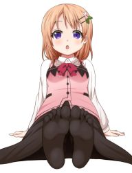 Rule 34 | 1girl, :o, aethi, bad id, bad pixiv id, black pantyhose, black skirt, blush, bow, bowtie, breasts, buttons, collared shirt, commentary request, feet, foreshortening, full body, gochuumon wa usagi desu ka?, hair ornament, hairclip, hand rest, highres, hoto cocoa, long hair, long sleeves, looking at viewer, no shoes, open mouth, orange hair, pantyhose, pink vest, purple eyes, rabbit house uniform, red bow, red bowtie, shirt, simple background, sitting, skirt, small breasts, soles, solo, toes, vest, white background, white shirt, wing collar
