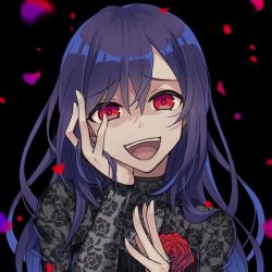 Rule 34 | 1girl, bang dream!, black background, blue hair, corsage, crazy smile, flower, hair between eyes, hair down, hand in own hair, hand on own cheek, hand on own face, lace, long hair, looking at viewer, mujun atama, petals, red eyes, red flower, red rose, rose, seta kaoru, smile, solo, upper body