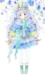 Rule 34 | 1girl, absurdres, bad id, bad pixiv id, blue eyes, blue shirt, blue skirt, boots, commentary, flower, full body, goggles, goggles on head, green footwear, grey hair, hat, head tilt, highres, holding, holding flower, key, layered sleeves, long sleeves, looking at viewer, multicolored clothes, multicolored hat, original, pantyhose, parted lips, pink flower, pleated skirt, puffy long sleeves, puffy sleeves, shirt, sidelocks, skirt, solo, standing, star (symbol), starry background, tsukiyo (skymint), white background, white pantyhose, winged hat