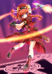 Rule 34 | 00s, 1girl, ahoge, black gloves, braid, clenched teeth, dress, gloves, graf eisen, hat, holding, holding weapon, looking at viewer, lyrical nanoha, magic circle, mahou shoujo lyrical nanoha, mahou shoujo lyrical nanoha a&#039;s, motion lines, purple background, purple eyes, red dress, red hair, shoes, solo, teeth, twin braids, twintails, vita (nanoha), weapon