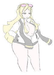 Rule 34 | 1girl, blonde hair, breasts, digimon, digimon story: cyber sleuth, glasses on head, jewelry, kuremi kyouko, large breasts, long hair, necklace, plump, solo, standing, thick thighs, thighs