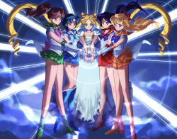 Rule 34 | 5girls, absurdres, aino minako, bare legs, bishoujo senshi sailor moon, bishoujo senshi sailor moon r, blonde hair, blue bow, blue bowtie, blue choker, blue eyes, blue footwear, blue hair, blue sailor collar, blue skirt, blush, boots, bow, bowtie, brown hair, choker, circlet, closed mouth, collarbone, collared shirt, commentary, crescent, crescent facial mark, double bun, dress, earrings, elbow gloves, facial mark, floating hair, forehead mark, gem, gloves, green choker, green eyes, green footwear, green sailor collar, green skirt, hair bobbles, hair bun, hair intakes, hair ornament, hand on another&#039;s shoulder, high heels, high ponytail, highres, hino rei, inner senshi, jewelry, kino makoto, long hair, maboroshi no ginzuishou, magical girl, miniskirt, mizuno ami, multiple girls, orange choker, orange footwear, orange sailor collar, orange skirt, p m ame, parted bangs, pleated skirt, princess serenity, purple bow, purple bowtie, purple eyes, purple hair, red choker, red footwear, red sailor collar, red skirt, sailor collar, sailor collar lift, sailor jupiter, sailor mars, sailor mercury, sailor senshi uniform, sailor shirt, sailor venus, serious, shirt, short hair, skirt, sleeveless, sleeveless shirt, standing, tsukino usagi, twintails, very long hair, white dress, white gloves, white shirt