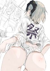 Rule 34 | 1girl, absurdres, ass, back peek, bare legs, breasts, closed mouth, dot mouth, dutch angle, fate (series), female focus, from behind, from below, fundoshi, gluteal fold, headpiece, highres, japanese clothes, jeanne d&#039;arc alter (fate), large breasts, legs apart, looking at viewer, monochrome background, nose, profile, qqqbb (pixiv2905012), sanpaku, shiny skin, shirt, short hair, sideways glance, sleeves past elbows, solo, standing, sweat, traditional clothes, tsurime, v-shaped eyebrows, wet, wet clothes, wet shirt, white background