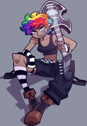 Rule 34 | 1girl, agony (omnizoa), asymmetric clothing, asymmetric gloves, boots, cubesona, dark skin, fingerless gloves, freckles, gloves, grey eyes, grin, guitar, highres, instrument, looking at viewer, midriff, multicolored hair, rainbow hair, short hair, smile, spiked hair, striped clothes, striped gloves, striped legwear, suspenders hanging, symbol-shaped pupils