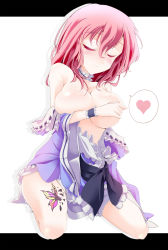 Rule 34 | 1girl, bare shoulders, blush, breasts, breasts squeezed together, bug, butterfly, butterfly wings, choker, cleavage, closed eyes, collarbone, female focus, frills, heart, highres, insect, insect wings, kneeling, large breasts, letterboxed, long sleeves, off shoulder, pink hair, saigyouji yuyuko, santa (kaisou hikuutei), santa syokatu, short hair, smile, solo, speech bubble, spoken heart, touhou, underboob, white background, wide sleeves, wings, wrist cuffs
