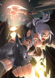 Rule 34 | 1girl, axe, breasts, cleavage, female focus, glowing, gradient background, highres, large breasts, open mouth, otoi rekomaru, phantom of kill, phantom of the kill, ponytail, silver hair, sketch, solo, sweat, weapon, yellow eyes