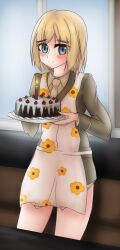 Rule 34 | 1girl, abukumacl, apron, blonde hair, blue eyes, blush, cake, counter, food, happy birthday, highres, jane t. godfrey, looking at viewer, military, military uniform, necktie, short hair, solo, strike witches, strike witches: kurenai no majo-tachi, uniform, window, world witches series