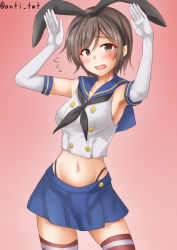 Rule 34 | 1girl, anti (untea9), armpits, bad anatomy, bad arm, black neckerchief, black panties, blue sailor collar, blue skirt, blush, brown eyes, brown hair, cosplay, cowboy shot, crop top, elbow gloves, flying sweatdrops, gloves, highleg, highleg panties, highres, kantai collection, looking at viewer, natori (kancolle), navel, neckerchief, open mouth, panties, pleated skirt, sailor collar, school uniform, serafuku, shimakaze (kancolle), shimakaze (kancolle) (cosplay), short hair, skirt, sleeveless, solo, striped clothes, striped thighhighs, thighhighs, twitter username, underwear, white gloves