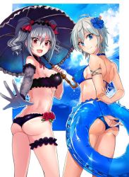 &gt;:d 10s 2girls :d anastasia_(idolmaster) ashita_(2010) ass bad_id bad_twitter_id bare_shoulders bikini blue_eyes blush breasts butt_crack drill_hair elbow_gloves fang from_behind gloves idolmaster idolmaster_cinderella_girls jpeg_artifacts kanzaki_ranko long_hair looking_back multiple_girls open_mouth outstretched_hand parasol red_eyes short_hair sideboob silver_hair smile swimsuit twin_drills twintails umbrella v-shaped_eyebrows