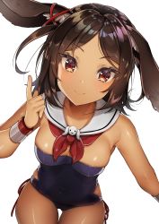 Rule 34 | 1girl, absurdres, animal ears, armpits, azur lane, bad id, bad twitter id, blue one-piece swimsuit, breasts, brown eyes, brown hair, casual one-piece swimsuit, cleavage, cowboy shot, dark-skinned female, dark skin, detached collar, highres, hip vent, i-26 (azur lane), leaning forward, legs together, looking at viewer, neckerchief, one-piece swimsuit, parted bangs, rabbit ears, red neckerchief, sailor collar, short hair, simple background, skindentation, smile, solo, standing, stuffed animal, stuffed rabbit, stuffed toy, swept bangs, swimsuit, two side up, white background, white sailor collar, yayoichi (yoruyoru108)