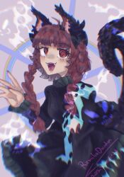Rule 34 | 1girl, :d, absurdres, animal ears, black dress, blush, braid, breasts, cat ears, cat tail, chromatic aberration, commentary, dated, dress, english commentary, eyelashes, fangs, hand up, highres, kaenbyou rin, long sleeves, looking at viewer, multiple tails, nekomata, open mouth, red eyes, red hair, remiliadurden, small breasts, smile, solo, tail, touhou, twin braids, two tails