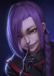 Rule 34 | 10s, 1girl, aojiao pinru, black gloves, chikujouin magane, finger to mouth, gloves, index finger raised, looking at viewer, parted lips, purple hair, re:creators, short hair, smile, solo, teeth, yellow eyes