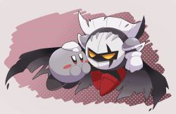 Rule 34 | 2boys, angry, armor, black skin, blush, blush stickers, cape, colored skin, dark meta knight, expressionless, feet together, frown, gloves, gradient background, grey skin, hand on another&#039;s head, hands on own face, highres, jitome, kirby (series), kirby and the amazing mirror, knight, looking at another, mask, mittens, multiple boys, nintendo, no humans, pauldrons, polka dot, polka dot background, red eyes, scar, scar across eye, scar on face, shadow kirby, shoulder armor, size difference, subaru331, torn cape, torn clothes, white background, white gloves, white mittens, yellow eyes