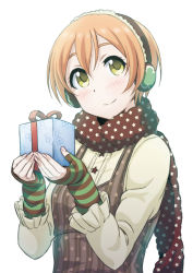 Rule 34 | 1girl, ayumu-k, blush, box, breasts, closed mouth, earmuffs, fingerless gloves, gift, gift box, gloves, highres, hoshizora rin, long sleeves, love live!, love live! school idol festival, love live! school idol project, orange hair, scarf, short hair, simple background, small breasts, smile, solo, upper body, white background, yellow eyes