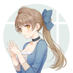 Rule 34 | 1girl, black choker, blue bow, blue dress, blush, bow, breasts, brown eyes, brown hair, choker, cleavage, closed mouth, collarbone, dress, earrings, fingernails, hair bow, hair ornament, hairclip, jewelry, long hair, long sleeves, love live!, love live! school idol festival, love live! school idol project, medium breasts, minami kotori, ponytail, rio.lw, smile, solo, steepled fingers, stud earrings, upper body