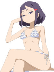 Rule 34 | 1girl, arm support, armpits, asymmetrical bangs, avery (little witch academia), bare shoulders, bikini, blunt bangs, breasts, closed mouth, collarbone, crossed legs, expressionless, feet out of frame, frilled bikini, frills, hair ornament, hairclip, halterneck, hand on own face, hand up, little witch academia, looking at viewer, medium hair, navel, no pupils, purple eyes, purple hair, satochi, short bangs, short eyebrows, side-tie bikini bottom, sidelocks, simple background, sitting, small breasts, solo, swimsuit, white background, white bikini
