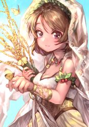Rule 34 | 1girl, absurdres, ancient greek clothes, bracelet, breasts, brown hair, bug, butterfly, butterfly on hand, chiton, cleavage, commentary request, corset, denchu (kazudentyu), head wreath, highres, holly, insect, jewelry, koizumi hanayo, laurel crown, love live!, love live! school idol festival, love live! school idol project, necklace, purple eyes, smile, solo, toga, veil, wheat