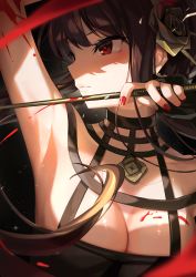 Rule 34 | 1girl, absurdres, armpits, blood, blood on breasts, breasts, brown hair, cleavage, closed mouth, dagger, earrings, fingernails, gold earrings, highres, holding, holding dagger, holding knife, holding weapon, jewelry, knife, long hair, looking to the side, maeshimashi, medium breasts, nail polish, red eyes, red nails, solo, spy x family, upper body, weapon, yor briar