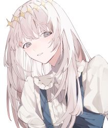 Rule 34 | 1boy, alternate eye color, alternate hair length, alternate hairstyle, bad id, bad twitter id, blue cloak, blush, cloak, collar, commentary request, crown, diamond hairband, expressionless, fate/grand order, fate (series), frilled collar, frills, fur-trimmed cloak, fur trim, gold trim, grey eyes, highres, long hair, long sleeves, looking at viewer, male focus, no wings, nonno phi, oberon (fate), parted lips, puffy sleeves, simple background, solo, upper body, white background, white hair