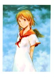 Rule 34 | 1girl, abe yoshitoshi, absurdres, angel, angel wings, arms behind back, blonde hair, blue background, brown eyes, brown hair, brown sailor collar, closed mouth, cloud, dress, feathered wings, grey wings, haibane renmei, halo, highres, neckerchief, non-web source, orange sailor collar, rakka (haibane), red neckerchief, sailor collar, scan, shirt, short hair, sky, solo, white dress, white shirt, wings