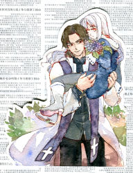Rule 34 | 1boy, 1girl, age difference, aged down, boots, brown eyes, brown hair, caren hortensia, carrying, child, child carry, dress, fate/hollow ataraxia, fate/zero, fate (series), father and daughter, flower, hydrangea, kotomine kirei, long hair, mullet, painting (medium), pantyhose, rakuko, stole, traditional media, watercolor (medium), white hair