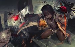 Rule 34 | 3girls, alternate costume, animal ears, arknights, artist name, black hair, black jacket, black legwear, blonde hair, building, burger, cape, cityscape, commentary request, dog tags, drone, firing, food, gloves, hair between eyes, highres, holding, holding food, holding sword, holding weapon, id card, jacket, lappland (arknights), long hair, long sleeves, looking at viewer, multiple girls, neg (101neg), official alternate costume, outdoors, pantyhose, red gloves, shorts, silver hair, sora (arknights), sword, texas (arknights), texas (winter messenger) (arknights), twintails, weapon, white jacket, wolf ears