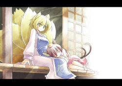 Rule 34 | 2girls, animal ears, blonde hair, brown hair, cat ears, cat girl, cat tail, chen, female focus, fox ears, fox tail, kibushi, lap pillow, letterboxed, multiple girls, multiple tails, outdoors, short hair, tail, touhou, translated, yakumo ran, yellow eyes