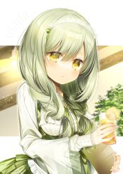 Rule 34 | 1girl, blush, bodai, braid, chi no, cup, framed breasts, green hair, green skirt, highres, holding, holding cup, looking at viewer, low twin braids, low twintails, maid headdress, original, parted lips, skirt, solo, twin braids, twintails, underbust, upper body, waitress, yellow eyes