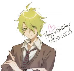 Rule 34 | 1boy, ahoge, amami rantaro, brown sweater, collared shirt, commentary, crossed arms, danganronpa (series), danganronpa v3: killing harmony, dated, green eyes, green hair, happy birthday, heart, kyandii, looking at viewer, male focus, necktie, shirt, short hair, simple background, solo, striped necktie, striped neckwear, sweater, upper body, white background, white shirt