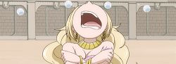 Rule 34 | 1girl, animated, animated gif, big mouth, blonde hair, bracelet, cluster earrings, covering privates, covering breasts, crying, d:, earrings, fairy tail, jenny realight, jewelry, lots of jewelry, lowres, necklace, open mouth, tears