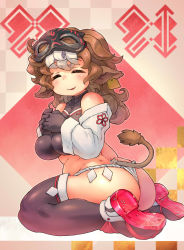 Rule 34 | 1girl, 2021, animal ears, ass, bare shoulders, black gloves, black thighhighs, breasts, brown hair, commentary request, cow ears, cow girl, cow tail, curvy, detached sleeves, ear tag, closed eyes, facing viewer, full body, fundoshi, gloves, hands on own chest, highres, japanese clothes, large breasts, long hair, mask, mask on head, multicolored hair, nengajou, new year, no pants, original, parted lips, plump, sankuma, sitting, smile, solo, tail, thighhighs, two-tone hair, white hair