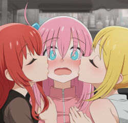 Rule 34 | 3girls, bare shoulders, blonde hair, blue eyes, blurry, blurry background, blush, bocchi the rock!, bright pupils, casual, closed eyes, closed mouth, commentary, cube hair ornament, embarrassed, eyes visible through hair, fingernails, full-face blush, gotoh hitori, hair between eyes, hair ornament, hand on another&#039;s chest, highres, ijichi nijika, indoors, jacket, kiss, kita ikuyo, lips, long hair, luizhtx, multiple girls, nose, one side up, open mouth, pink hair, pink jacket, profile, red hair, sidelocks, straight hair, surprised, twitter username, upper body, wavy mouth, white pupils, wide-eyed, yuri