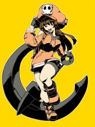 Rule 34 | 1girl, anchor, bike shorts, black gloves, black shorts, brown hair, cabbie hat, fingerless gloves, full body, gloves, guilty gear, guilty gear strive, hat, hat ornament, highres, hood, hoodie, long hair, long sleeves, looking at viewer, may (guilty gear), orange background, orange footwear, orange hat, orange hoodie, orange shirt, shirt, shorts, skull and crossbones, skull hat ornament, smile, solo, standing, standing on one leg, tamotu kun, thighs