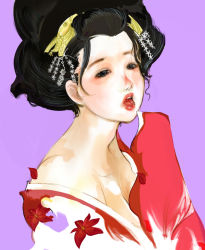 Rule 34 | black eyes, black hair, geisha, hair ribbon, japanese clothes, kazaana, kimono, lips, lipstick, makeup, nihongami, oiran, original, ribbon, short hair, simple background, solo, tongue