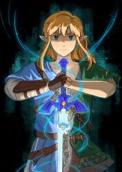 Rule 34 | 1boy, absurdres, archaic set (zelda), arm guards, arm wrap, asymmetrical clothes, aura, belt, black gloves, blonde hair, blue tunic, broken, broken sword, broken weapon, champion&#039;s tunic (zelda), earrings, fingerless gloves, floating hair, gloves, glowing, glowing sword, glowing weapon, green tunic, hands up, hashtag-only commentary, highres, jewelry, layered sleeves, link, long sleeves, looking at viewer, male focus, master sword, medium hair, multiple belts, nintendo, pointy ears, rope, rust, short over long sleeves, short sleeves, sidelocks, single glove, so far 69, solo, split theme, straight-on, sword, the legend of zelda, the legend of zelda: breath of the wild, upper body, weapon
