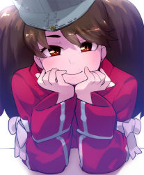 Rule 34 | 10s, 1girl, arm rest, bad id, bad pixiv id, brown eyes, brown hair, commentary request, hands on own chin, japanese clothes, kantai collection, kariginu, long hair, looking at viewer, ribbon, ryuujou (kancolle), simple background, smile, sohin, solo, twintails, upper body, visor cap, white background, white ribbon, wide sleeves