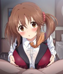 Rule 34 | 1boy, 1girl, :o, blush, breasts, brown eyes, brown hair, clothed female nude male, commentary request, commission, hair between eyes, hair ornament, hair scrunchie, hetero, highres, idolmaster, idolmaster cinderella girls, indoors, large breasts, looking at viewer, necktie, nude, orange neckwear, paizuri, paizuri under clothes, pixiv commission, red scrunchie, revision, royale style (idolmaster), scrunchie, shirt, sincos, solo focus, totoki airi, twintails, upper body, white shirt