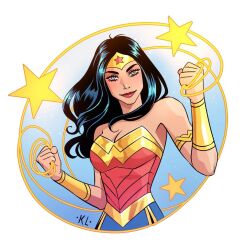 Rule 34 | 1girl, armlet, bare shoulders, black hair, blue eyes, circlet, dc comics, gauntlets, gold armlet, holding lasso, initial, kath lobo, lasso, lasso of truth, long hair, looking at viewer, solo, star (symbol), wonder woman, wonder woman (series)