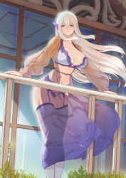 Rule 34 | 1girl, absurdres, alternate costume, balcony, blue bra, blue eyes, blue panties, bra, braid, breasts, center opening, dress, feather hair ornament, feathers, garter belt, hair between eyes, hair ornament, highres, large breasts, lexington (warship girls r), light smile, long hair, looking at viewer, navel, nightgown, open clothes, open dress, panties, platinum blonde hair, railing, sash, see-through, solo, standing, thighhighs, underwear, very long hair, warship girls r, white thighhighs, wind, window, xiao shei..
