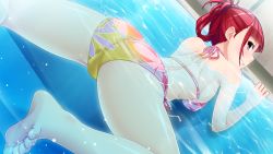Rule 34 | 1girl, ass, bare shoulders, barefoot, bikini, blush, breasts, feet, female focus, from behind, game cg, hair up, hanekura tomoe, hitozuma swimming club, ino (magloid), interheart, legs, looking back, partially submerged, pink eyes, pool, red hair, small breasts, smile, soles, solo, swimsuit, thighs, toes, water, wet
