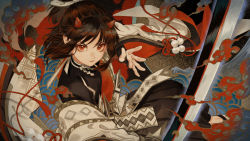 Rule 34 | 1girl, black shirt, black skirt, brown hair, character request, closed mouth, cloud, commentary request, demon horns, flower knot, frown, highres, holding, holding sword, holding weapon, horns, katana, long hair, looking at viewer, mole, mole under eye, onmyoji, red eyes, red ribbon, ribbon, seigaiha, shide, shirt, skirt, solo, sword, tassel, tsubonari, weapon