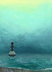 Rule 34 | 1girl, aqua theme, beach, black hair, braid, clona, commentary request, cross, from behind, gradient background, looking afar, original, skirt, solo, standing, surreal, wading, water